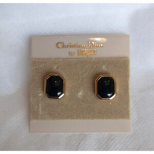 CHRISTIAN DIOR for I. Magnin Vintage Faux Onyx Gold Tone Earrings Jewelry NWT